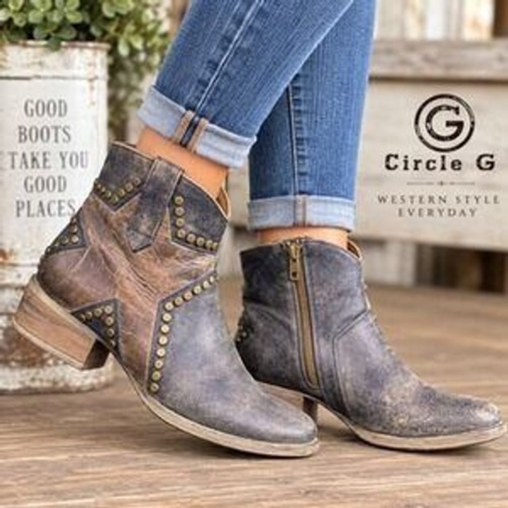 Circle G Ankle Boots Navy Blue Brown Distressed Star Studded Western Size 8